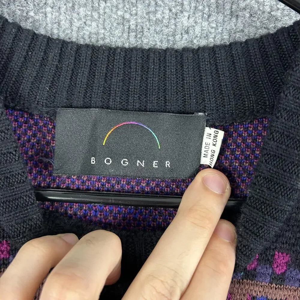Vintage Bogner Sweater Mens Small Black Fair Isle Knit Crewneck Hong Kong 80s - Picture 3 of 9